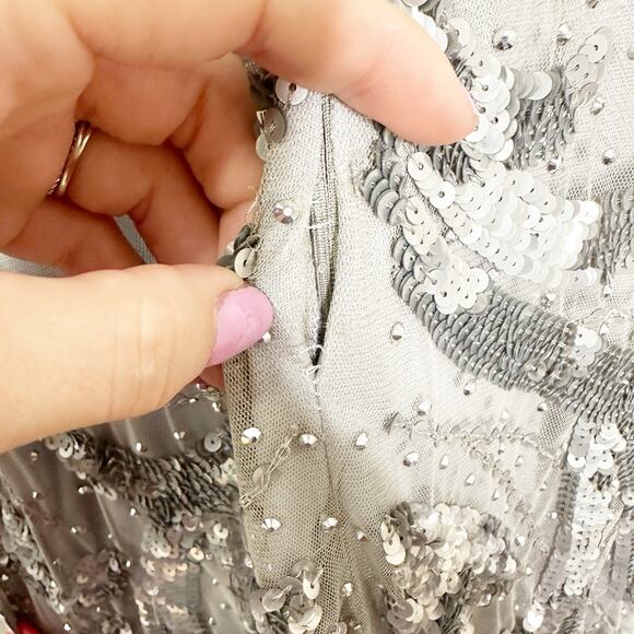 Mac Duggal 5222 Sequined Faux Wrap Split Long Sleeve Gown Platinum 6 $598 NEW - Picture 12 of 16